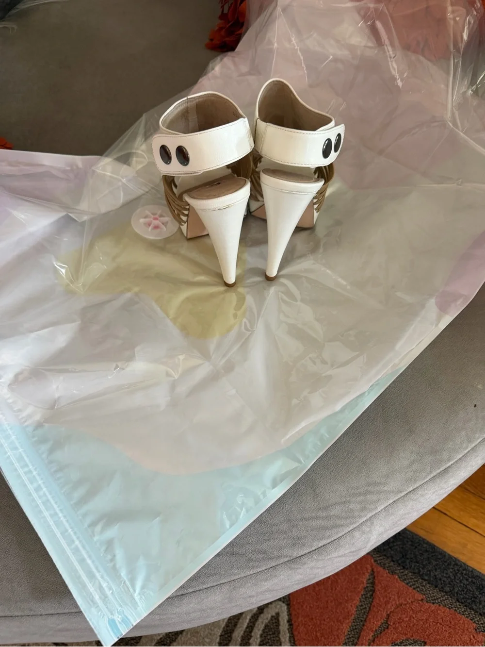 White and Tan Open-Toe Slingback Heels — Elegant Women's Dress Shoes